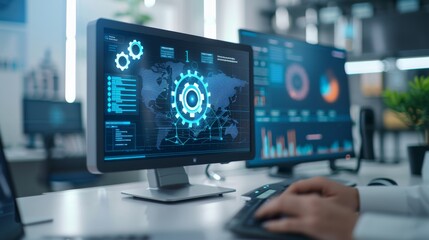 Business team working and showing an icon of gears on a virtual screen