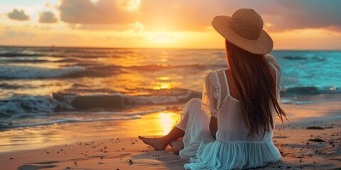 Wall Mural - Young woman in bohemian attire relaxing at sunset at the beach