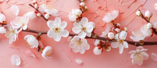 Leinwandbilder - An apricot branch with blossoms on a pink backdrop in a flat lay style image, emphasizing the spring theme. Copy space image. Place for adding text and design