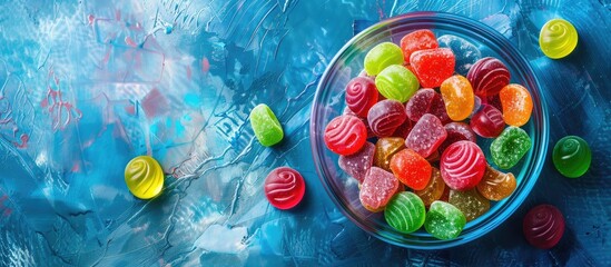 Poster - Colorful candies in a bowl against a vibrant backdrop, depicting a festive theme. View from above featuring copy space image.