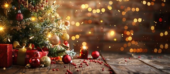 Poster - A festive Christmas scene with a decorated tree on a table background, perfect for a copy space image.