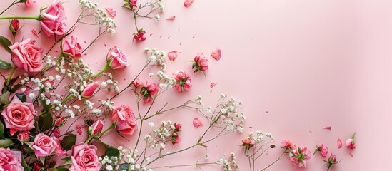 Poster - Composition of flowers: Roses and baby's breath on light pink backdrop. Idea for Valentine's Day, Mother's Day, and Women's Day. Overhead view with space for text