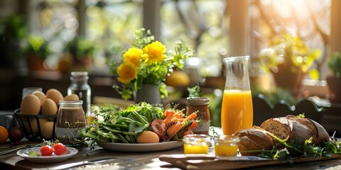 Organic Vegetable Dishes and Fresh Juices for Easter Brunch with Whole Grain Breads. Concept Easter Brunch, Organic Vegetable Dishes, Fresh Juices, Whole Grain Breads