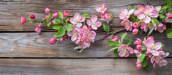 Canvas Print - Spring blossoms with copy space image, set against a rustic wooden backdrop, depict a blooming apple branch.