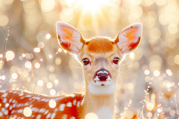 Cute cartoon fantastic deer, cute magical beast in the meadow, beautiful postcard