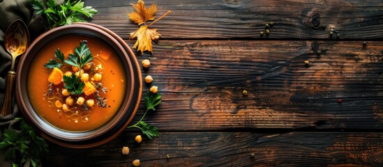 Poster - Autumn-themed vegetarian pumpkin and carrot soup with chickpeas and herbs arranged on a rustic dark wooden surface, ideal for cozy fall and winter seasons, with a spacious area for adding text or