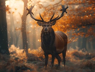 Canvas Print - Majestic Stag Standing in a Misty Autumn Forest  Antlers Illuminated by Warm Sunlight Rays