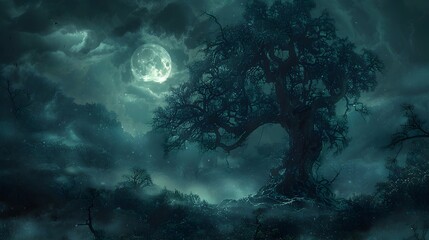 Wall Mural - Eerie Moonlit Forest with Gnarled Ancient Tree Under Dark Mysterious Skies