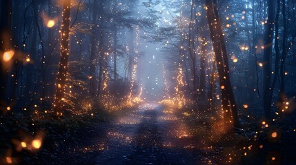 Canvas Print - Shadowy Forest Ablaze with Mesmerizing Fireflies  Luminous Dance