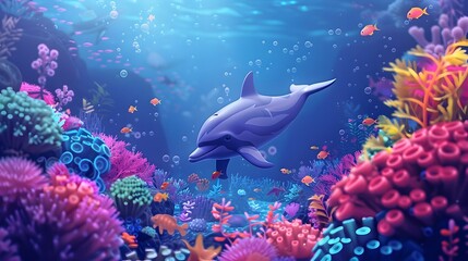 Vibrant Underwater World with Playful Dolphins and Colorful Coral Reefs for Kid s