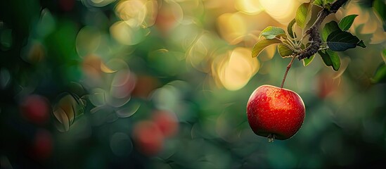 Wall Mural - A fresh red apple hangs from a tree in its natural setting with an open background for a copy space image.