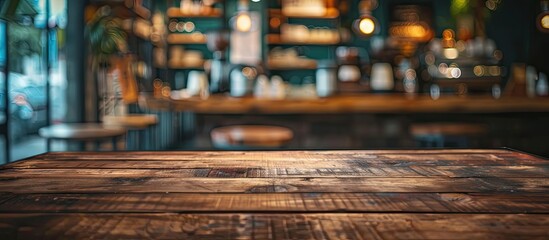 Wall Mural - Brown wooden table with focus on empty space, surrounded by a blurred coffee shop background featuring bokeh effects, ideal for product display with a copy space image.