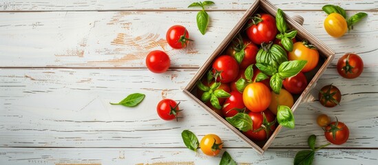 Sticker - Top-view soft focus close-up of colorful tomatoes and basil leaves in a wooden box on a white wooden table, ideal for copy space image.