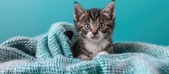 Wall Mural - A young six-week-old black and white tabby kitten sits on an aqua teal blanket, looking ahead with a concerned expression, creating copy space image.