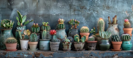 Poster - Cactus in pots create a charming indoor garden. The diverse plants thrive, forming a delightful natural floral display perfect for a banner with copy space image.