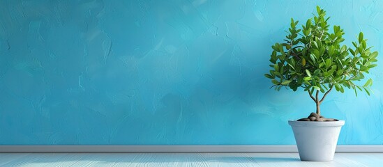 Sticker - A plant is placed in front of a blue wall, creating a serene backdrop for a copy space image.