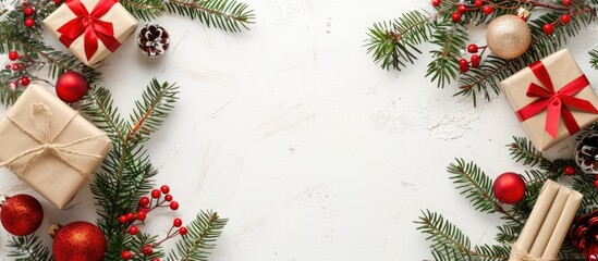 A festive Christmas arrangement showcasing presents, evergreen branches, and red ornaments against a white backdrop. View from above with space for text or images. image with copy space