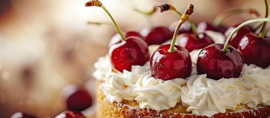 Sticker - A vibrant, ripe white cherry sits atop a scrumptious cake with white cream, creating an appealing scene in the copy space image.