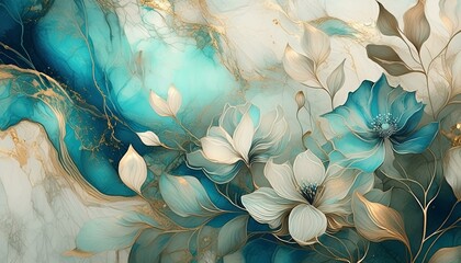 Wall Mural - Floral motif painted in watercolor on a marble background