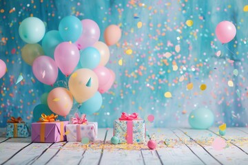 Poster - A festive birthday scene with colorful balloons, confetti, and presents. Perfect for childrens stores, event planners, and photo studios. Generative AI