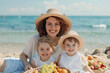 © eaglesky - A happy mother and her two young children enjoying a picnic on a sunny beach.