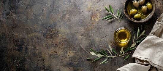 Sticker - Concrete background with a linen napkin, olive tree branch, and olive oil for a rustic setting with copy space image.