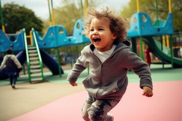 Canvas Print - Kid running at playground outdoors baby trampoline.