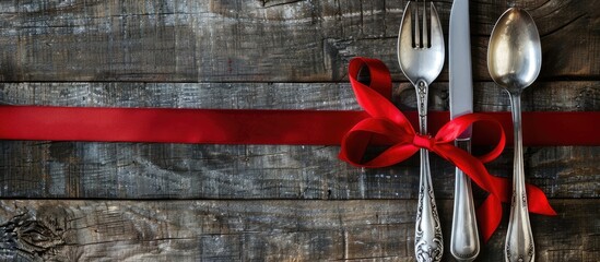 Wall Mural - Cutlery elegantly presented on a wooden table with a red ribbon, providing an opportunity for a striking copy space image.
