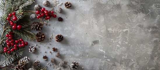 Wall Mural - A festive holiday arrangement from above on a gray cement background with room for text in the picture. Flat lay photo with copy space image.