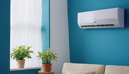 Wall Mural - Empty blue living room with air conditioner 3d interior. Air conditioning on the wall in the living room with large windows and indoor plants