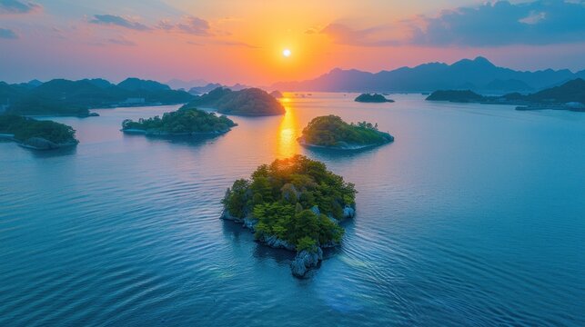 Aerial view of the Seto Inland Sea dotted with islands at sunrise