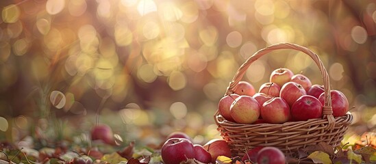Wall Mural - ripe apples in a basket on the ground under sunlight in a copy space image, depicting a solitary sce