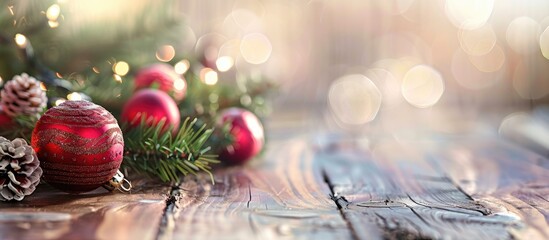 Poster - Christmas decorations on a wooden board create a blurry background, leaving a clear copy space image.