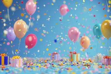 Poster - A festive scene with colorful balloons, confetti, and presents against a blue background. Perfect for childrens stores, event planners, and photo studios. Generative AI