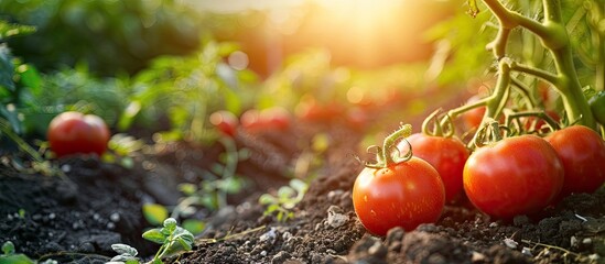 Poster - Cherry tomatoes are planted in a vegetable garden with a lush organic tomato plantation in the background, providing a vibrant setting for a copy space image.