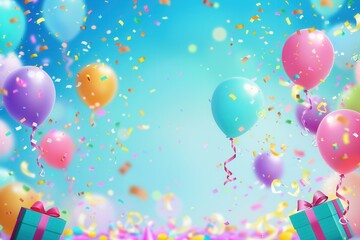 Poster - A vibrant image of colorful balloons, confetti, and presents against a blue sky backdrop, perfect for childrens stores, event planning agencies, and photo studios. Generative AI