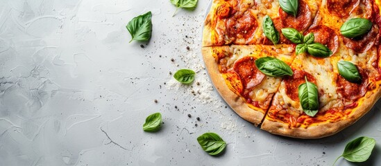 Wall Mural - Close-up of a freshly baked homemade pizza on a light background with copy space image.