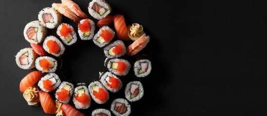 Wall Mural - Circular arrangement of nigiri sushi and uramaki rolls on a black background, forming a captivating image for a Japanese restaurant, including copy space.