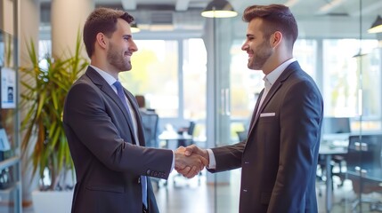 Two Businessmen Shaking Hands in Modern Office. Partnership, Agreement, and Success