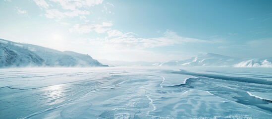 Poster - Blank mock-up of a unique white and blue winter background with a snowy texture on the ice of frozen Baikal Lake, ideal for adding images. Copy space image. Place for adding text and design