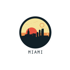 Wall Mural - Miami skyline, downtown panorama logo, logotype. USA, Florida state round badge contour, isolated vector vintage pictogram with monuments, landmarks