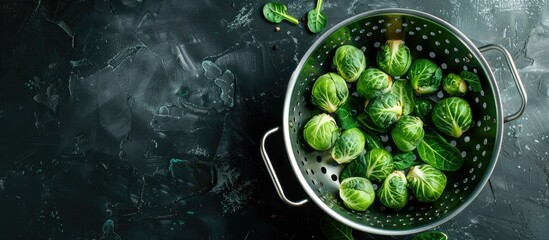 Top view of Brussels sprouts and green cabbage in a colander against a black background with copy space image.