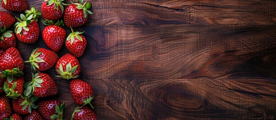 Wall Mural - Table with juicy ripe strawberries arranged as a copy space image in the background.