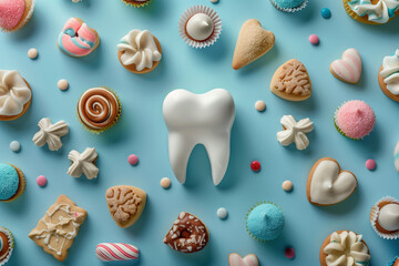 Wall Mural - Sugarloaded foods and drinks causing tooth. The effect of sugar and sweet food on the quality and condition of teeth. Oral hygiene