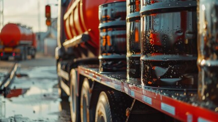 Poster - A close-up, detailed macro shot captures multiple oil drums being carefully loaded onto a truck, highlighting the industrial and logistical aspects of transportation