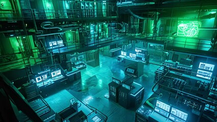 Advanced tech hub with glowing monitors and a cybernetic ambiance