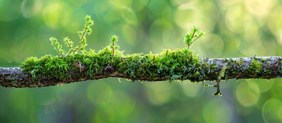 Wall Mural - lush green moss and lichens cover a branch set against a blurred background, perfect for a copy spac