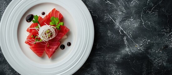 Sticker - Copy space image featuring Tuna Sashimi on a white plate.