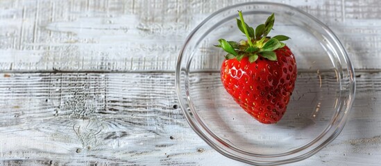 Poster - A close-up top view of a ripe red strawberry on a white wooden table in a transparent plate; isolated with copy space image.
