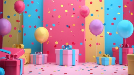 Festive birthday scene with bright balloons, colorful confetti, and wrapped gifts. Generative AI